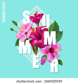 Hello Summer Poster. Floral Design with Pink Hibiscus Flowers for T-shirt, Fabric, Party, Banner, Flyer. Tropical Botanical Background. Vector illustration