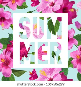 Hello Summer Poster. Floral Design with Purple Hibiscus Flowers for T-shirt, Fabric, Party, Banner, Flyer. Tropical Botanical Background. Vector illustration