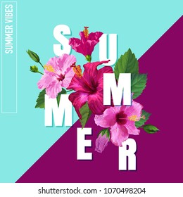 Hello Summer Poster. Floral Design with Pink Hibiscus Flowers for T-shirt, Fabric, Party, Banner, Flyer. Tropical Botanical Background. Vector illustration