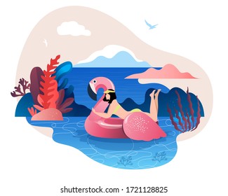 Hello, summer poster or flyer. A young girl swims in an inflatable pool with a Flamingo.Beautiful girl on the beach in a swimsuit on vacation vector illustration.
