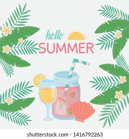 hello summer poster with fresh cocktail icons
