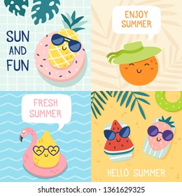 Hello summer poster. Funny fruits, pineapple in sunglasses and tropical fruit beach party banner. Fruit recreation placard or exotic summer party invitation card vector illustration set