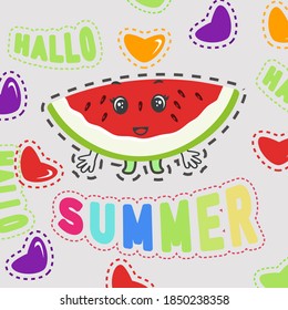 Hello Summer poster with funny watermelon and hearts stickers,simple design.