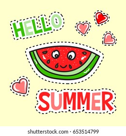 Hello Summer poster with funny watermelon and hearts stickers. Summer Fashion Comics Style Patch Badges Stickers. T-shirt Print Style Design
