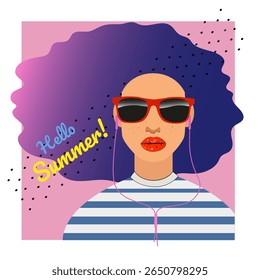 Hello summer poster with girl in headphones and red  glasses. Fashion stickers.