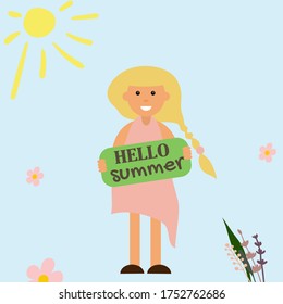 Hello summer poster with girl vector illustration. Summer time cartoon.