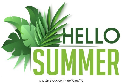 Hello Summer poster with green tropical leaves on white background. Seasonal banner in trendy paper cut style. Design template for print or web. Vector illustration