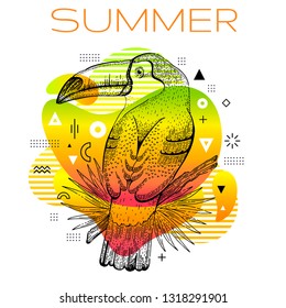 Hello summer poster with hand drawn toucan bird, trendy line art concept in spectrum rainbow color for music party cover, fashion event flyer, t-shirt print. Futuristic vector illustration background