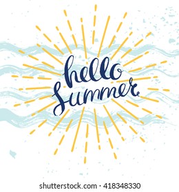 hello summer poster with hand drawn lettering, vector summer illustration