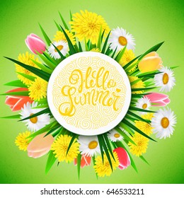 Hello summer poster, hand drawn lettering over background with flowers. Vector illustration.