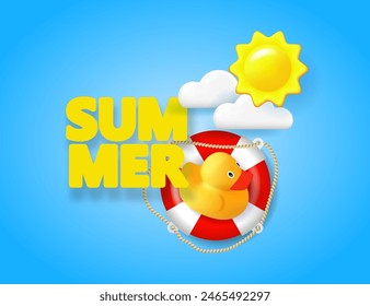 Hello summer poster. Summer holiday background with vector objects. Yellow sun, clouds, rubber duck, lifebuoy and text SUMMER