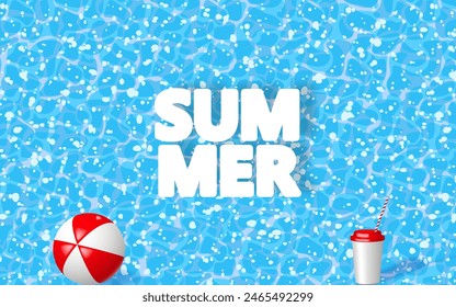 Hola poster de verano. Fondo de vacaciones de verano con objetos vectoriales. Piscina, pelota de playa, taza de cartón y texto VERANO