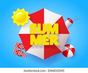 Hello summer poster. Summer holiday background with vector objects. Beach umbrella, sun, sandals, beach ball, coffee cup and text  SUMMER