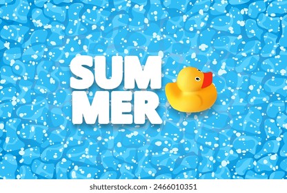Hallo Sommerplakat. Sommerferien Hintergrund mit Vektorobjekten. Schwimmbad, gelbe Gummiente und Text SOMMER