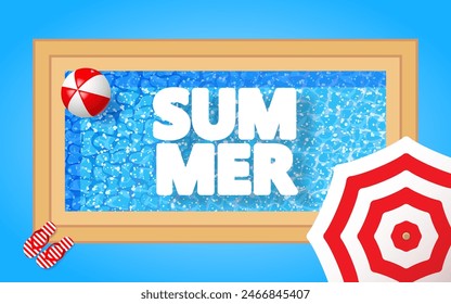 Hello summer poster. Summer holiday background with vector objects. Beach umbrella, ball and sandals near the swimming pool and text  SUMMER