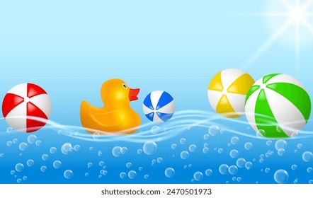 Hello summer poster. Summer holiday background with vector objects. Yellow rubber duck and beach balls in the blue waves