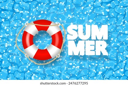 Hello summer poster. Summer holiday background with vector objects. Inflatable lifebuoy in swimming pool and text SUMMER