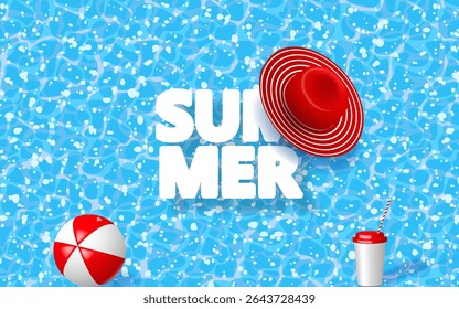 Hello summer poster. Summer holiday background with vector objects. Swimming pool, beach ball, cardboard cup, summer hat and text SUMMER