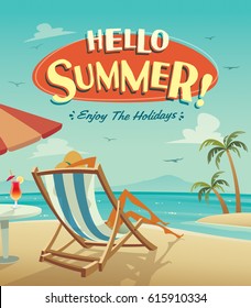 Hello summer poster. Summer holiday on the beach.