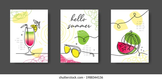 Hello summer poster, illustrations set for cafe or kitchen. Watermelon, cocktail, drink, sunglasses in minimal one continuous line design. Wall line art decoration.
