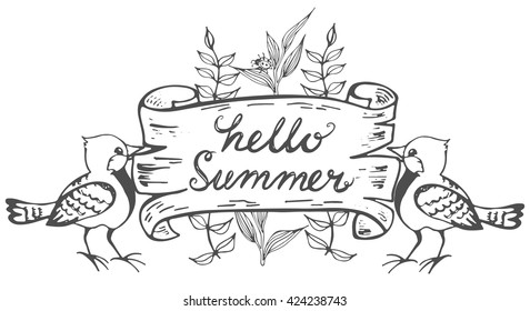 Hello summer poster with leaves, birds and bug. Handmade calligraphy vector illustration. Floral doodle card.