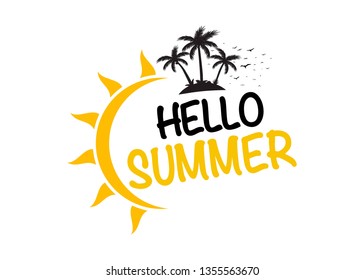 Hello Summer poster. Lettering composition of Hello Summer with sun and palm