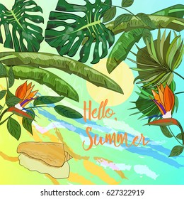 Hello summer poster. Ocean beach with tropical leaves and seashell. Vector illustration.