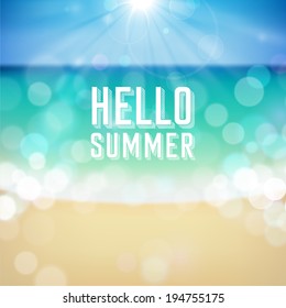 Hello summer. Poster on tropical beach background. Vector eps10.