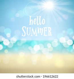 Hello summer. Poster on tropical beach background. Vector eps10.