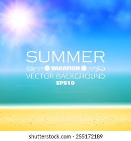 Hello summer. Poster on tropical beach background. Vector illustration 