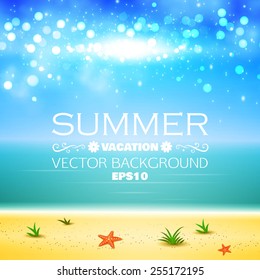 Hello summer. Poster on tropical beach background. Vector illustration 