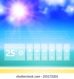 Hello summer. Poster on tropical beach background. Weather design. Vector illustration 
