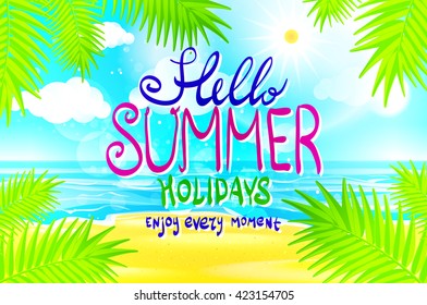 Hello summer. Poster on tropical beach background. Vector eps10. art