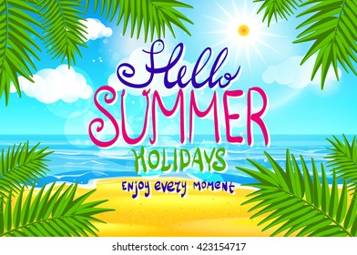 Hello summer. Poster on tropical beach background. Vector eps10. art