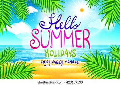 Hello summer. Poster on tropical beach background. Vector eps10. art