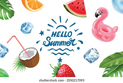 Hello Summer poster on white background. Tropical plants, inflatable flamingo, cocktail, ice cubes, watermelon, orange Vector illustration