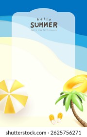Hello summer poster with palm tree, float, umbrella, and sandals on beach background. Features large text area for seasonal promotions and holiday designs.
