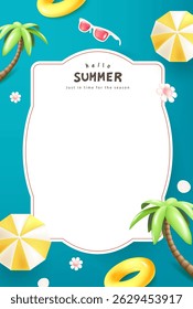 Hello summer poster with palm trees, umbrella, float, and sunglasses on tropical beach background. Large white frame for text makes it ideal for seasonal ads and invitations.