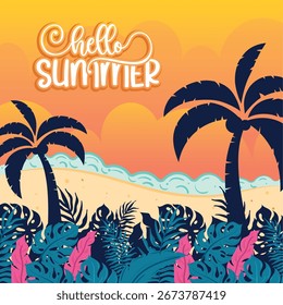 Alô cartaz de verão com palmeiras e pôr do sol Ilustração vetorial