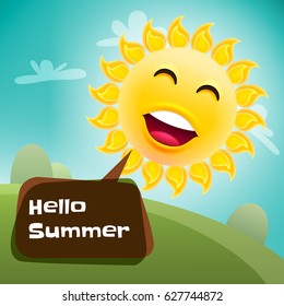 Hello Summer Poster. Summer Party Design Template. Summertime Background with Clouds, Trees, Sky.