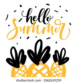 hello summer poster with pineapple and hand drawn lettering