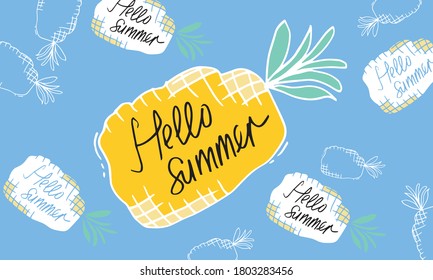 Hello Summer Poster with pineapple.Vector illustration.