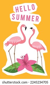 Hello summer poster with pink flamingos. Season card template