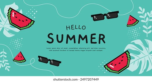 Hello summer poster with pixel art fruits and glasses design