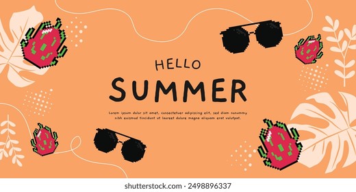 Hola cartel de verano con gráfico de frutas y gafas de pixel art