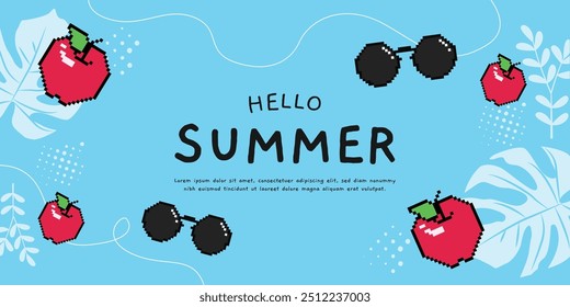 Cartaz de verão Hello com pixel art frutas e ilustração de óculos