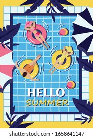 hello summer, a poster for a pool party with an inscription, people swim in the pool