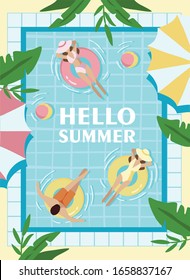 hello summer, a poster for a pool party with an inscription, people swim in the pool