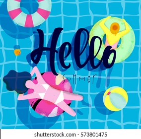 Hello summer poster with pool and people swimming on the swim ring, bright colorful modern style