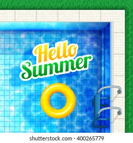 Hello summer poster with pool view from above with text and rubber ring.